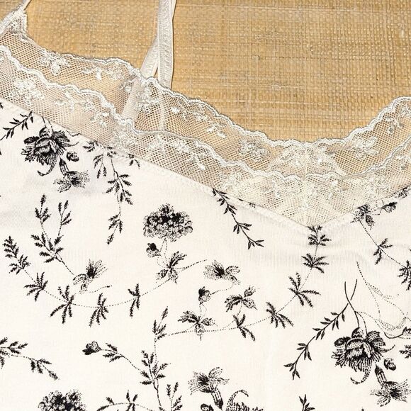 GAP Body Y2K Cami Top Size L Laced Neckline Knit Ivory Floral Black Lined 90s - Picture 3 of 9